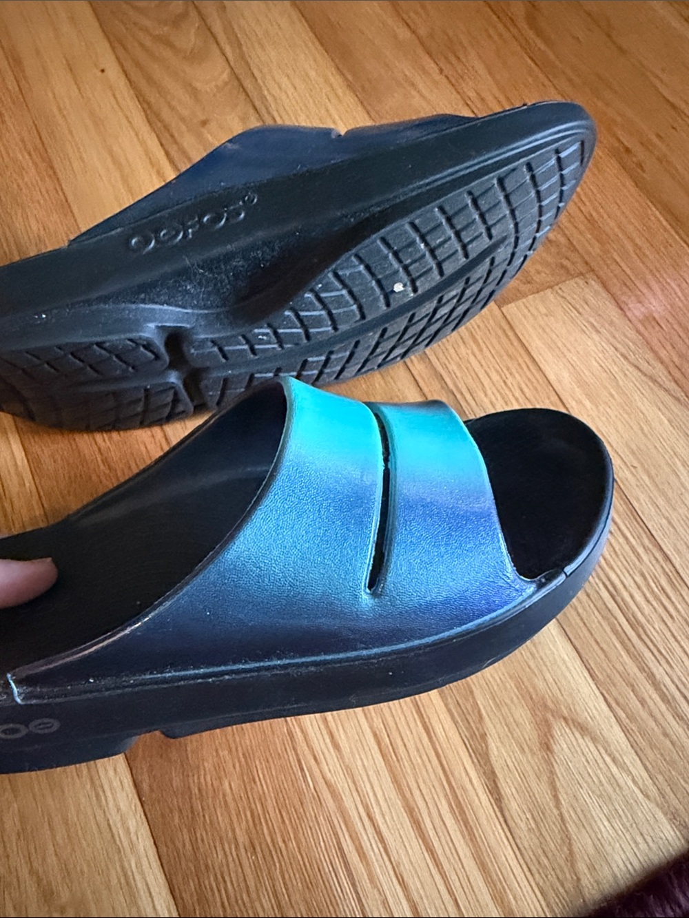 OOFOS Blue Iridescent Slide Sandals - Picture 7 of 10